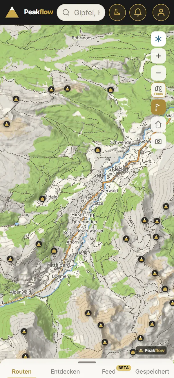 Peakflow auf dem Handy: Wanderkarte mit Gipfeln, Hütten und Wegen im Kleinwalsertal