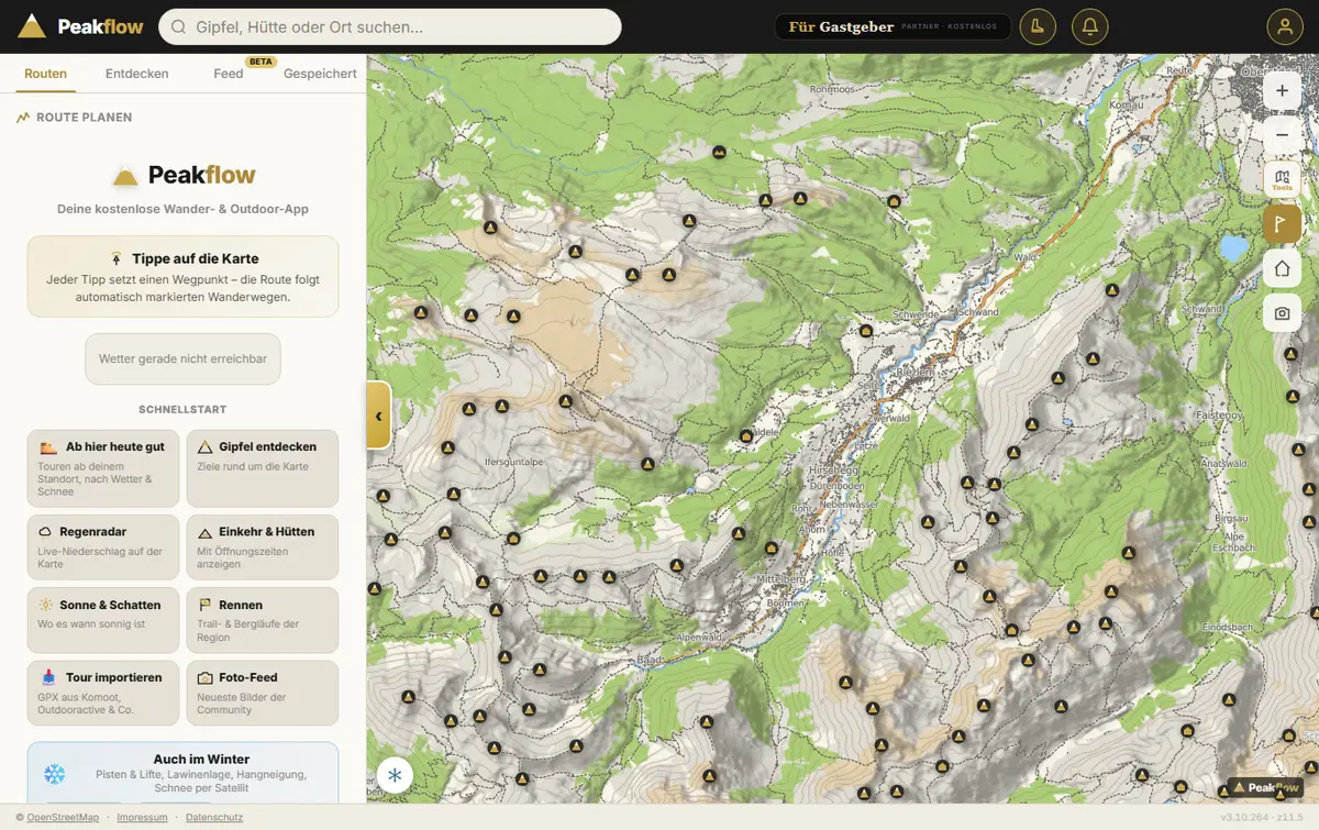 Peakflow im Browser: Routenplanung mit Schnellstart und Wanderkarte